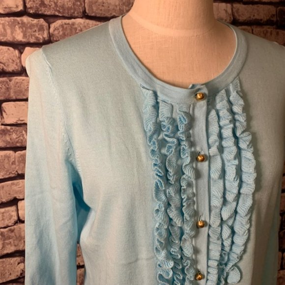 Talbots Aqua 3/4 Sleeve Cardigan W/ Front Ruffle Size Large - Picture 2 of 10